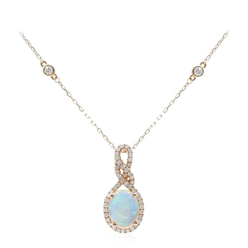 Cavill Roségold Halskette mit AAA Welo Opal 1,12 Ct und 48 SI2 H Diamanten 0,22 Ct, eleganter ovaler Cabochon Anhänger, 585er 14K Gold, modernes Unendlichkeit Design, Damen Schmuck von Cavill