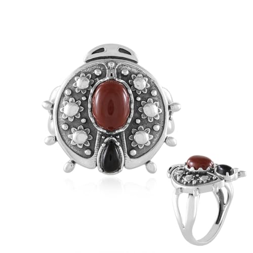 Cavill Roter Jaspis Ring 925 Silber mit Schwarzem Onyx, Boho Schmuck, ovaler Cabochon, Käfer-Design, modern und elegant, 1,287 Karat, großer Statement-Ring von Cavill