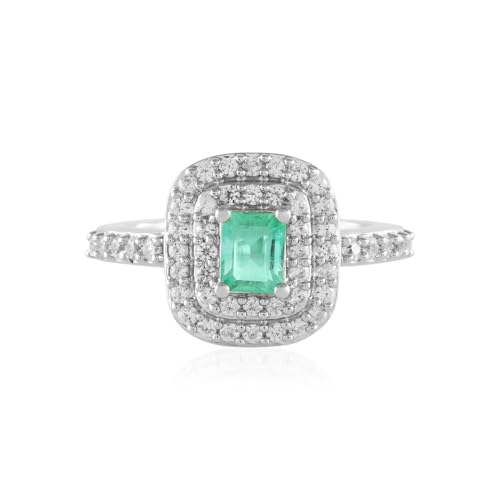 Cavill Russischer Smaragd Silberring 0,437 ct Oktagon-Treppenschliff, 925er Sterling Silber platinierter Ring mit schillernden kambodschanischen Zirkonen, eleganter grüner Edelstein von Cavill