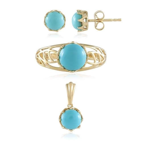 Cavill Schmuckset Türkis 3,87 ct, vergoldetes 925er Sterling Silber, moderner Ring, Ohrringe & Anhänger, runde Cabochons aus USA, Türkisblau von Cavill