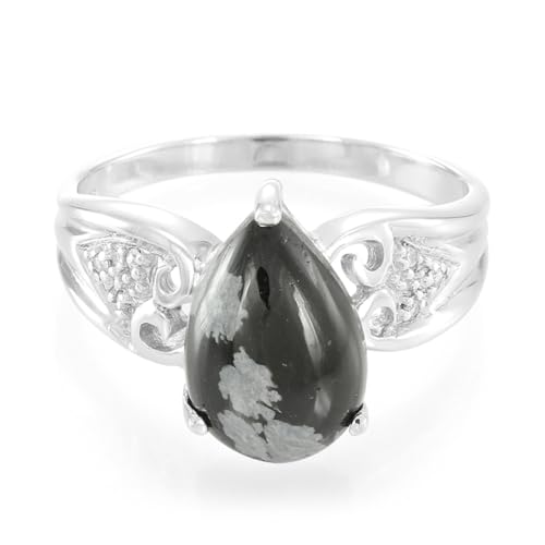 Cavill Schneeflocken-Obsidian Ring 3,94 ct Tropfenform & 6 Zirkone 0,043 ct in glänzendem 925er Sterling Silber – eleganter, moderner Damenring, schwarzer Stein mit filigranen Details von Cavill