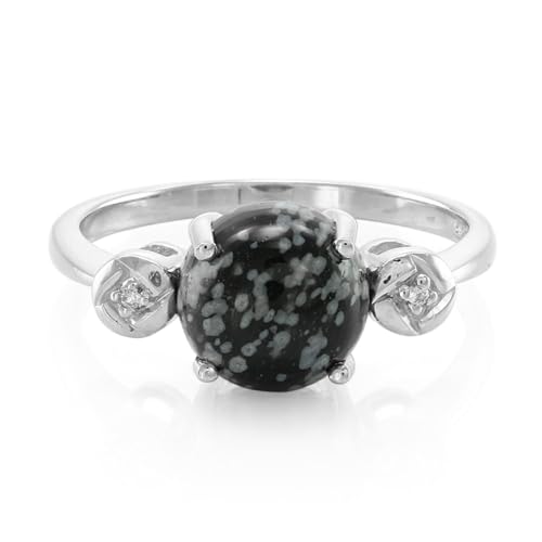 Cavill Schneeflockenobsidian Ring 925 Sterlingsilber Damenring mit 1,66 ct runder Schneeflocken-Obsidian Cabochon und weißen Topassteinen modern elegant silber Gr. 17 von Cavill