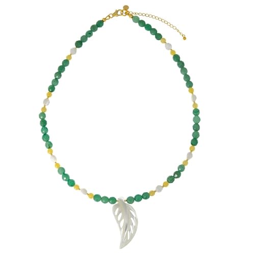 Cavill Silber Halskette mit vergoldetem Blattanhänger, 925 Sterling Silber & Perlmutt Perlen in Grün Weiß, elegante Damen Kette 45-51 cm, modernes Design von Cavill