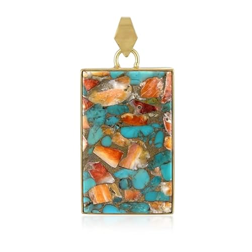Cavill Edelstein Silberanhänger 925 Sterling Silber Mosaik Anhänger 48x23 mm mit blauem Kingman-Mohave Türkis und leuchtend orangefarbener Stachelauster in rechteckigem modernem Design von Cavill