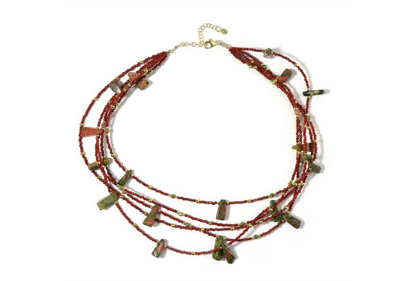 Cavill Silberkette Cavill Mehrreihige Unakit Kette 925 Silber vergoldet 177,4 ct Grün-Rot (1-tlg) von Cavill