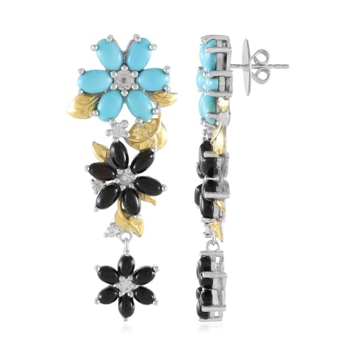 Cavill Silberohrringe Blumen-Design Türkisen und schwarzen Achat-Cabochons 10,3 ct 925 Sterling Silber Ohrstecker von Dallas Prince Designs von Cavill