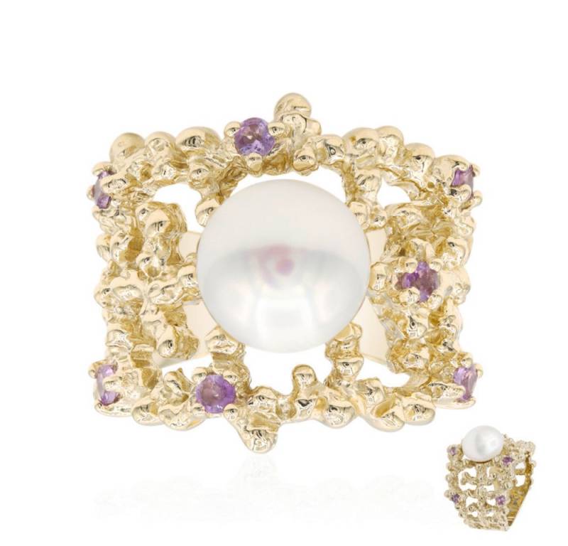 Cavill Perlenring Weißer Süßwasserperlen-Ring, 925 Silber vergoldet, 0,21 ct Amethyst (1-tlg) von Cavill