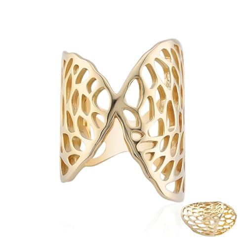 Cavill Damenring vergoldeter Silberring 925 Sterlingsilber, elegant breiter Ring mit filigranem Flügel-Design, modernes offenes Muster, 18x18 mm, Größen 17-21 von Cavill
