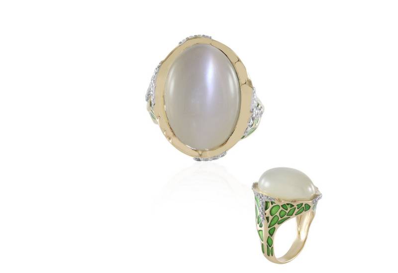 Cavill Silberring Cavill Ring Weißer Mondstein 12,6 ct, 925er Silber vergoldet, Zirkone (1-tlg) von Cavill