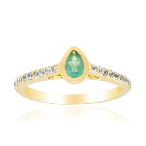 Cavill Silberring mit 0,181 ct Sambia-Smaragd Tropfen in Gold vergoldet, 20 funkelnde Zirkone Rundschliff aus Kambodscha, eleganter Damenring in Sterling Silber, Größe 16-21 von Cavill