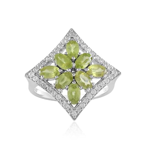 Cavill Silberring mit 8 Madagaskar Sphen 1,642 ct & 40 Kambodscha Zirkonen 0,476 ct, 925er Sterlingsilber platinbeschichtet, ovaler Brillantschliff, florales Rhombus Design grün von Cavill