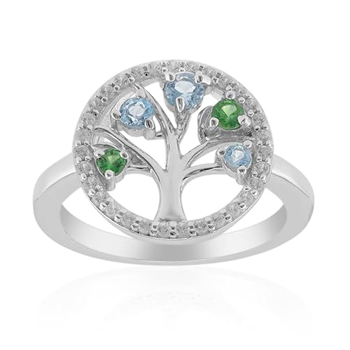 Cavill Silberring mit Topas Blau und Tsavorit, 925 Sterling Silber, Baum Design, Brasilianischer Schweizblauer Topas, Rundschliff, Elegant und Modern, Größe 17-20 Cavill Silberring mit Topas Blau und Tsavorit, 925 Sterling Silber, Baum Design, Brasilianischer Schweizblauer Topas, Rundschliff, Elegant und Modern, Größe 17-20 von Cavill