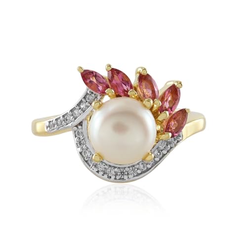Cavill Perlenring mit weißer Süßwasserzuchtperle und rosa Turmalinen, 925 Silberring vergoldet mit Zirkonia, moderner eleganter Damenring in zartem Rosa und Silber von Cavill