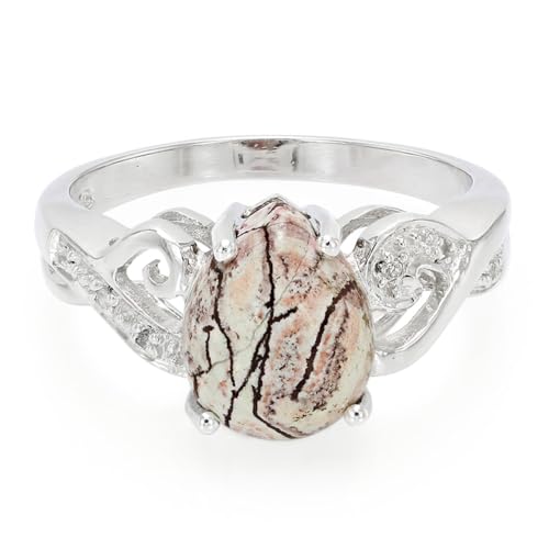 Cavill Sonora Dendriten Jaspis Ring in 925 Sterling Silber mit 2,09 ct tropfenförmigem Cabochon, 6 weißen Topasen, eleganter Silberring Damen, modernes Design von Cavill
