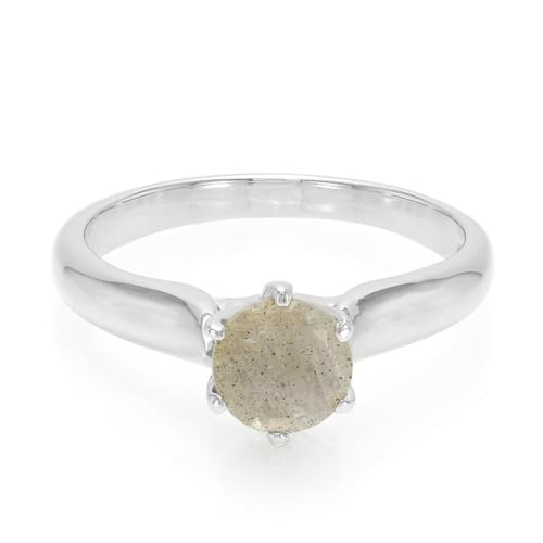 Cavill Spektrolith Ring 0,5 ct Rundschliff in 925 Sterling Silber, moderner eleganter Schmuck mit beigefarbenem Stein und präziser Prongfassung aus Rumänien, Ringgröße 17 von Cavill