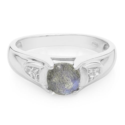 Cavill Spektrolith Ring Damen Silber 925 Sterling mit 0,6 ct rumänischem Spektrolith und 4 weißen Topasen, eleganter runder Edelsteinring, modernes Design, Größe 17 von Cavill