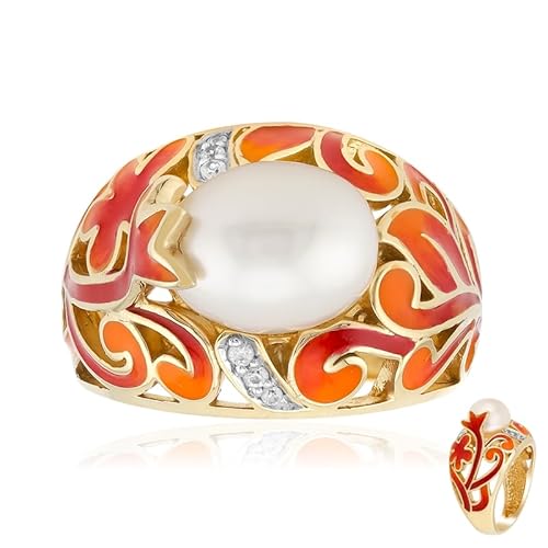 Cavill Süßwasserzuchtperlen Silberring Vergoldet mit Fancy-Perle & Zirkonia Rundschliff aus Kambodscha Eleganter Damenring mit Floralem Design Orange-Rot 925 Sterlingsilber von Cavill