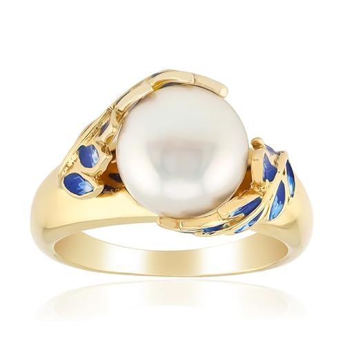Cavill Süßwasserzuchtperlenring vergoldet 925er Sterlingsilber mit 9 mm Perle und blauen Stein-Akzenten, eleganter Damenring mit fancy Schliff, modernes Design in Goldfarbe von Cavill