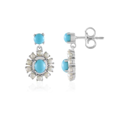 Cavill Türkis Silberohrringe 1,152 ct Sterlingsilber mit ovalen & runden Cabochon Steinen und weißen Süßwasserperlen, eleganter Tropfen Schmuck 18 mm von Cavill