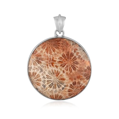 Cavill Versteinerte Koralle Anhänger – Bali Barong Fossil Coral Pendant, runder 30 ct Cabochon, Naturmuster, 925 Silber, exotischer Koralle Schmuck Silber für Damen, ca. 38x26 mm von Cavill