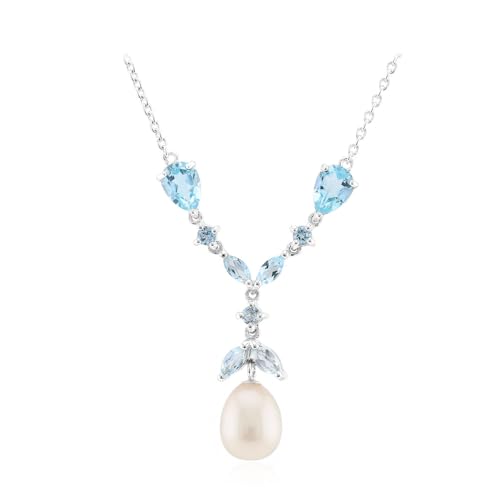 Cavill Weiße Süßwasserzuchtperle Halskette mit himmelblauen Topasen 925er Sterlingsilber Damen Schmuck elegant Collier fancy Perle und Tropfenform Spitze 45,5 cm von Cavill