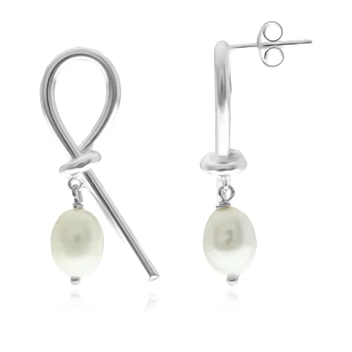 Cavill Weiße Süßwasserzuchtperlen Ohrringe Damen 925 Sterling Silber, elegante moderne hängende Silberohrringe mit fancy geformten Perlen ca. 10x7 mm, 30 mm Länge von Cavill