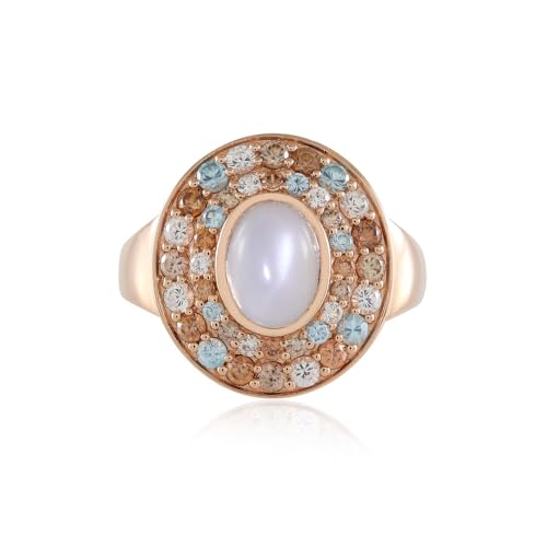 Cavill Weißer Mondstein Ring Rosévergoldet mit 1,26 ct Ovaler Mondstein Cabochon aus Indien und 2,52 ct Farbigen Zirkoniasteinen Silberring Elegantes Design von Cavill