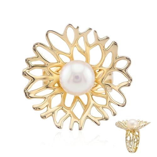 Cavill eleganter Damenring mit 9mm weißen Süßwasserzuchtperlen, florales Design, modern, vergoldeter 925 Sterling Silber Perlenring, stilvoll und hochwertig von Cavill