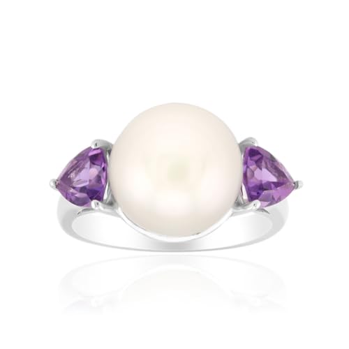 Cavill Silberring Damen mit 10mm weißer Süßwasserzuchtperle und 0,765 ct Amethyst Trillantschliff, 925 Sterling Silber, eleganter rundschliff Perlenring aus China und Brasilien von Cavill