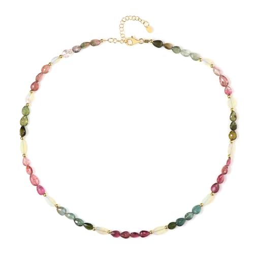 Cavill Welo Opal Halskette aus 925er vergoldetem Silber mit facettierten äthiopischen Opalen und tropfenförmigen Turmalinen aus Madagaskar, 40 ct, elegante Edelstein Halskette Damen von Cavill