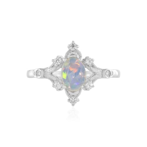 Cavill Welo Opal Ring 0,389 ct in platinierter 925 Silberfassung mit 0,114 ct Zirkonen, ovaler äthiopischer Opal, eleganter Opalring, schimmerndes Farbspiel, Größe 16-21 von Cavill