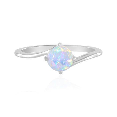 Cavill Welo Opal Ring 0,447 ct Rundschliff aus Äthiopien, 925er Silberring mit Platinbeschichtung, eleganter moderner Silber Ring mit funkelndem irisiertem Opal, Größe 17-20 von Cavill