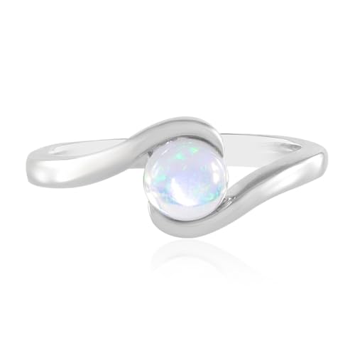 Cavill Moderner Eleganter 925 Sterling Silberring mit 0,315 ct Welo Opal aus Äthiopien, Runder Cabochon Edelstein mit lebendigem Farbenspiel, Plattiert, Größe 20-21 von Cavill