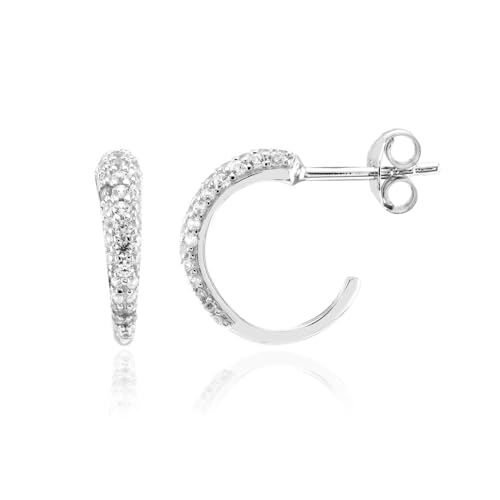 Cavill Zirkon Silberohrringe 925 Sterling Silberschmuck Damen mit 34 funkelnden runden Zirkonen aus Tansania 0,55 ct, eleganter moderner Halbrund-Design Ohrstecker, 13 mm von Cavill