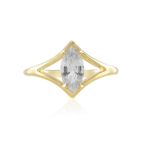 Cavill Zirkonring Damen 925 Sterling Silber Gelbvergoldet mit 1,257 ct Marquise Brillantschliff Zirkonia, Eleganter moderner Silberring Größe 18, strahlend gelbgoldfarbenes Design von Cavill