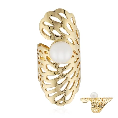 Cavill eleganter Damenschmuck Ring aus 925er vergoldetem Sterlingsilber mit 9mm weißer Süßwasserzuchtperle, moderner offener Tropfenform für stilvolle Frauen von Cavill