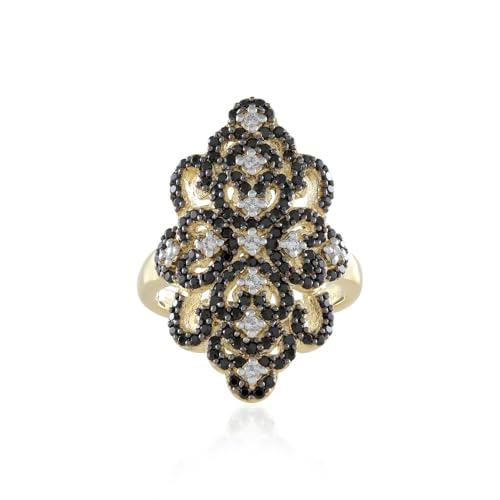 Cavill eleganter Silberring aus 925er Sterling Silber vergoldet mit 11 Zirkonen und 132 schwarzen Spinellen, filigranes marquise Muster, 0,909 ct Edelsteine, Damenring für besondere Anlässe von Cavill