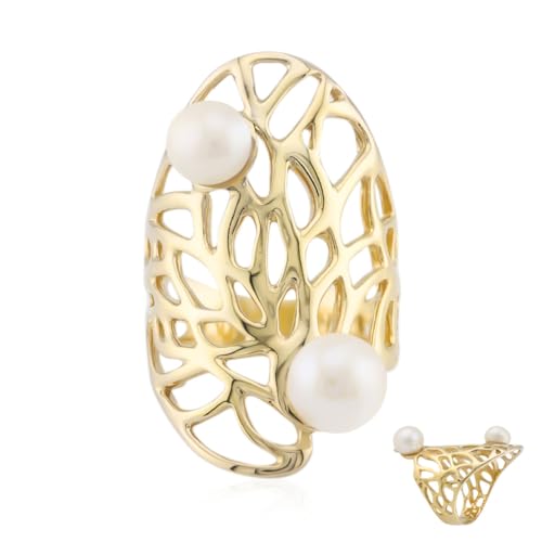 Cavill weißes Süßwasserperlen Ring – vergoldeter Silberring mit 2 runden Süßwasserzuchtperlen, Gitterdesign, moderner Damenring, Statement-Schmuck, 925 Sterling Silber von Cavill