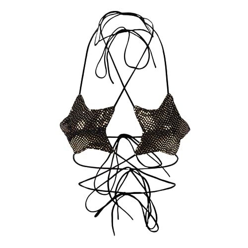 Caviotess Damen Metallic Holographic Star Bra Crop Top Lace Up Neckholder Bralette Bandeau Camisole, Hellgoldene Pailletten, Einheitsgröße von Caviotess