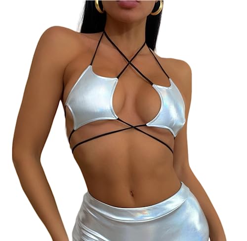 Caviotess Damen Metallic Holographic Star Bra Crop Top Lace Up Neckholder Bralette Bandeau Camisole, Holografisches Silber, Einheitsgröße von Caviotess