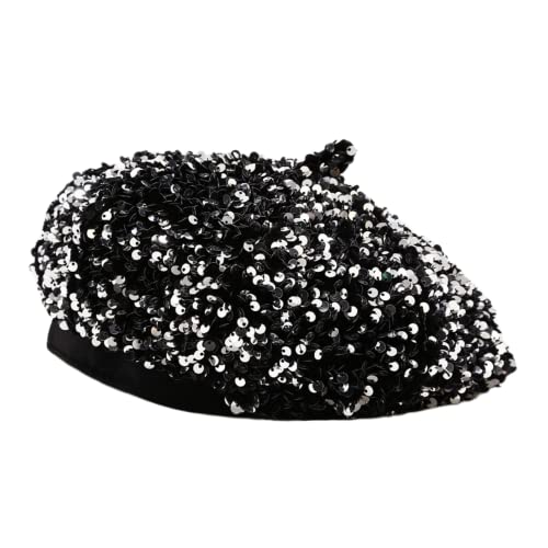 Damen Bling Pailletten Glitzer Klassische französische Barett Performance Hut Slouchy Cap Beanie, Silberfarben, Einheitsgröße von Caviotess