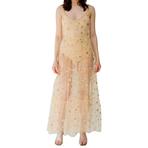 Damen durchsichtiges Tüll-Maxikleid mit glänzenden Pailletten, Sterne, Spaghettiträger, Kleid, Festival-Outfit, Gold, Groß von Caviotess