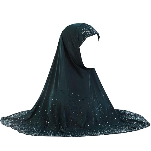 Frauen Einteiler Muslim Hijab Spitze Applique Kopf Wrap Schal Schal mit Strass, Z Dunkelgrüne Strasssteine, Einheitsgröße von Caviotess