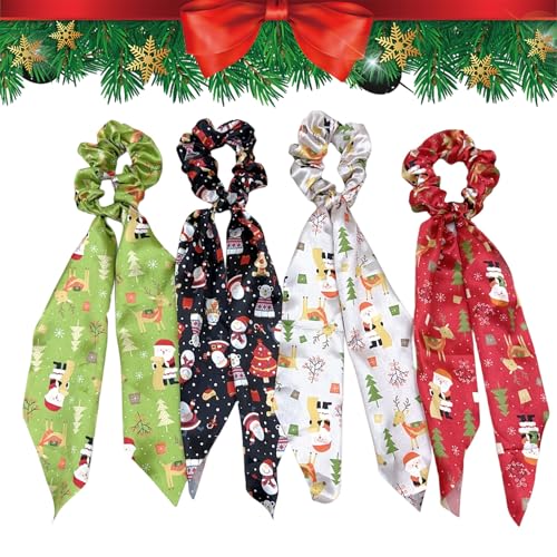 4 Stück Weihnachten Haargummi Scrunchies Satin Haargummis elastische Schal Haargummis Scrunchie Haarbänder Schleife Haarschmuck Pferdeschwanz Scrunchies Haargummis für Frauen Mädchen von CavspkArt