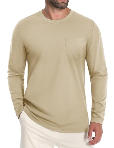 Cavva Longsleeve Herren Baumwolle Langarm Langarmshirt mit Taschen Basic Rundhals T-Shirt Herbst leichtes Khaki XL von Cavva