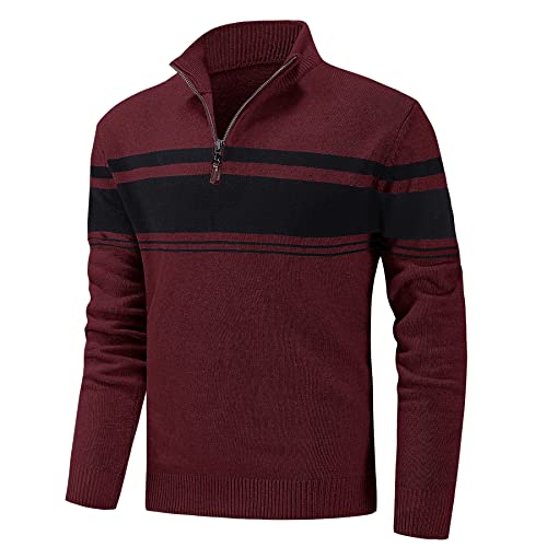 Cavva Pullover Herren Strickpullover 1/4 Zip Winterpullover Turtleneck Gestrickt Freizeit Sweater für Männer Weinrot 2XL von Cavva