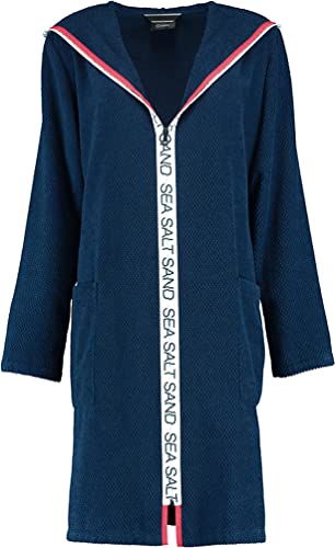 Cawö Damen-Kurzmantel mit Kapuze und Reißverschluss 3101 Farbe Navy Größe XS Morgenmantel Schrift von Cawö