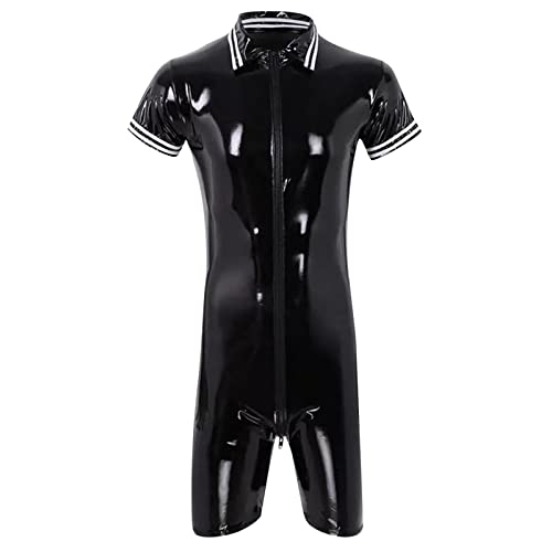 Bodysuit Herren Lackleder Erotische Overall Wetlook Einfarbig Unterwäsche Reißverschluss Einteiliger Trikot Boxer Sexy Offener Schritt Dessous Overall Wetlook Latex Catsuit von Caxndycing