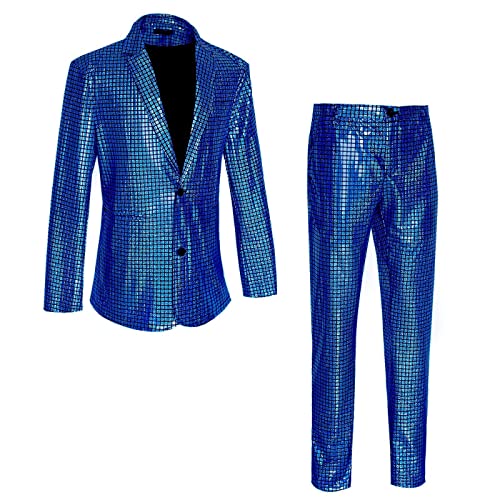 Caxndycing 2 Stück Herren Disco Sets Metallic Pailletten Anzüge 70er Jahre Disco Kostüm inklusive glänzender Jacke und Hose Metallic Pailletten Slim Anzug Zweiteiliges Set Abschlussball Outfit von Caxndycing