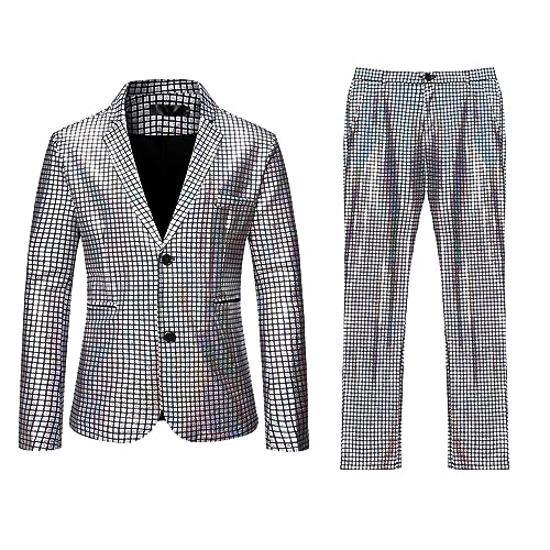 Caxndycing 2 Stück Herren Disco Sets Metallic Pailletten Anzüge 70er Jahre Disco Kostüm inklusive glänzender Jacke und Hose Metallic Pailletten Slim Anzug Zweiteiliges Set von Caxndycing